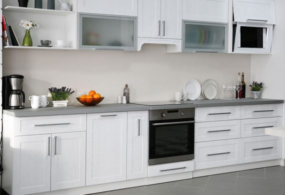 Kitchen units in white grey and silver